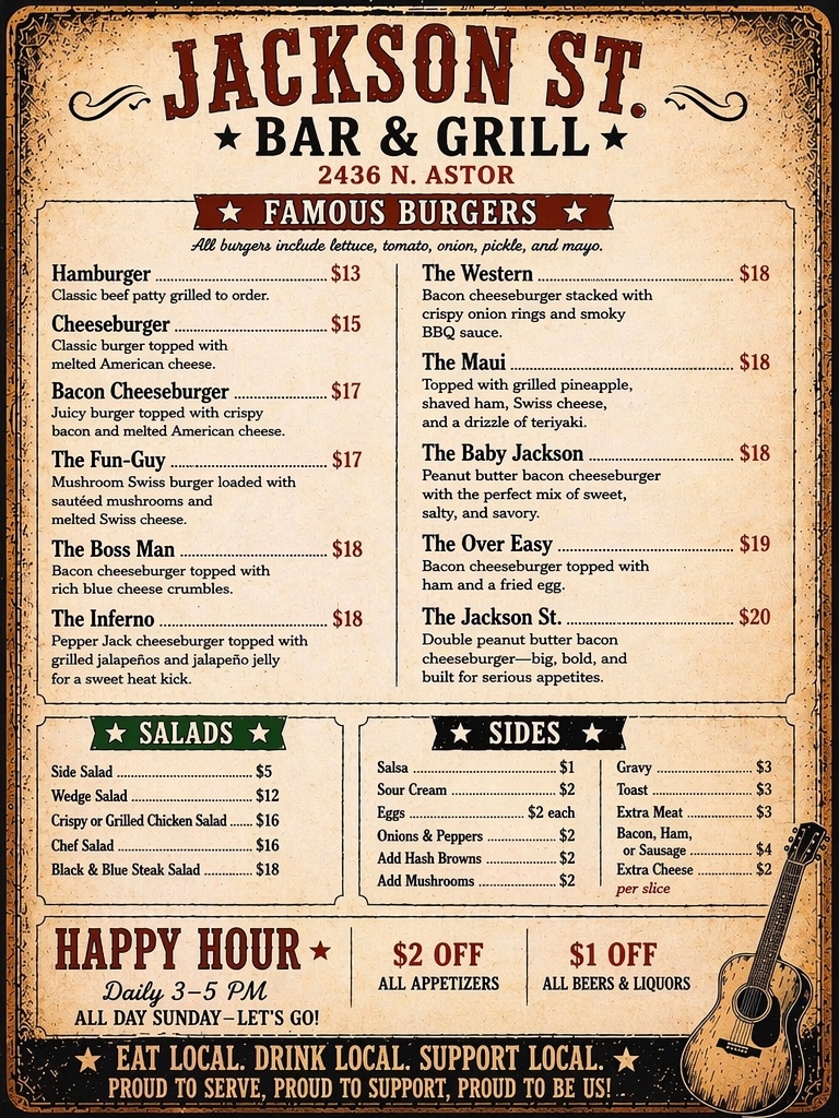 Jackson St. menu back: burgers, salads, sides, and happy hour