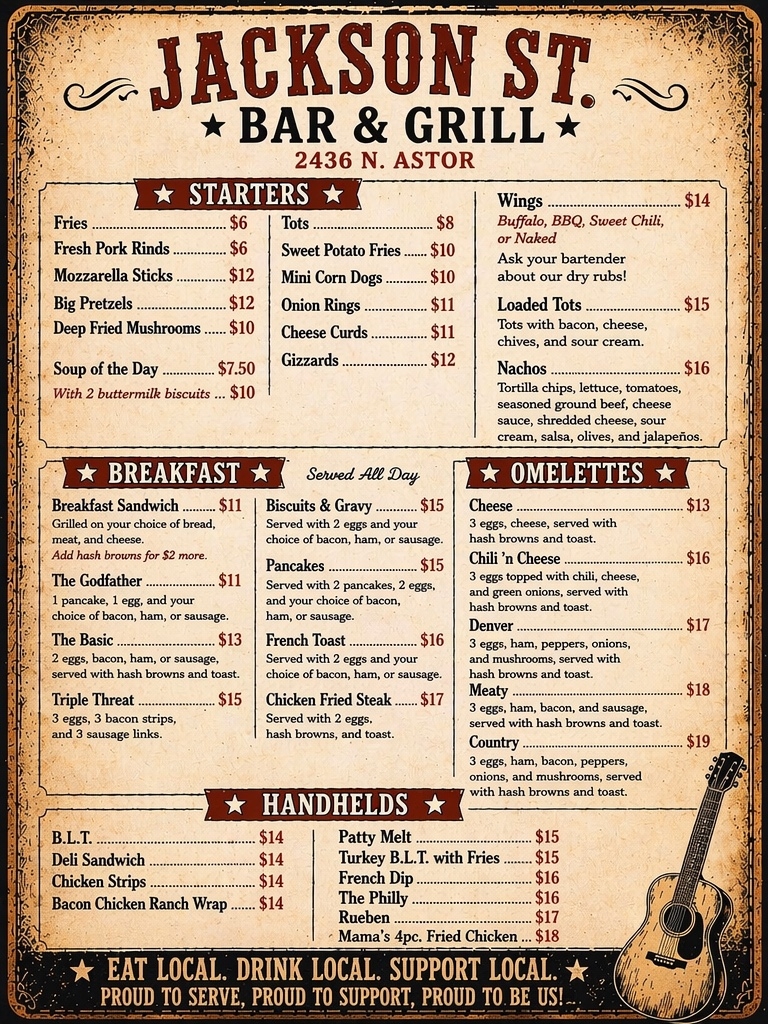 Jackson St. menu front: starters, breakfast, omelettes, and handhelds